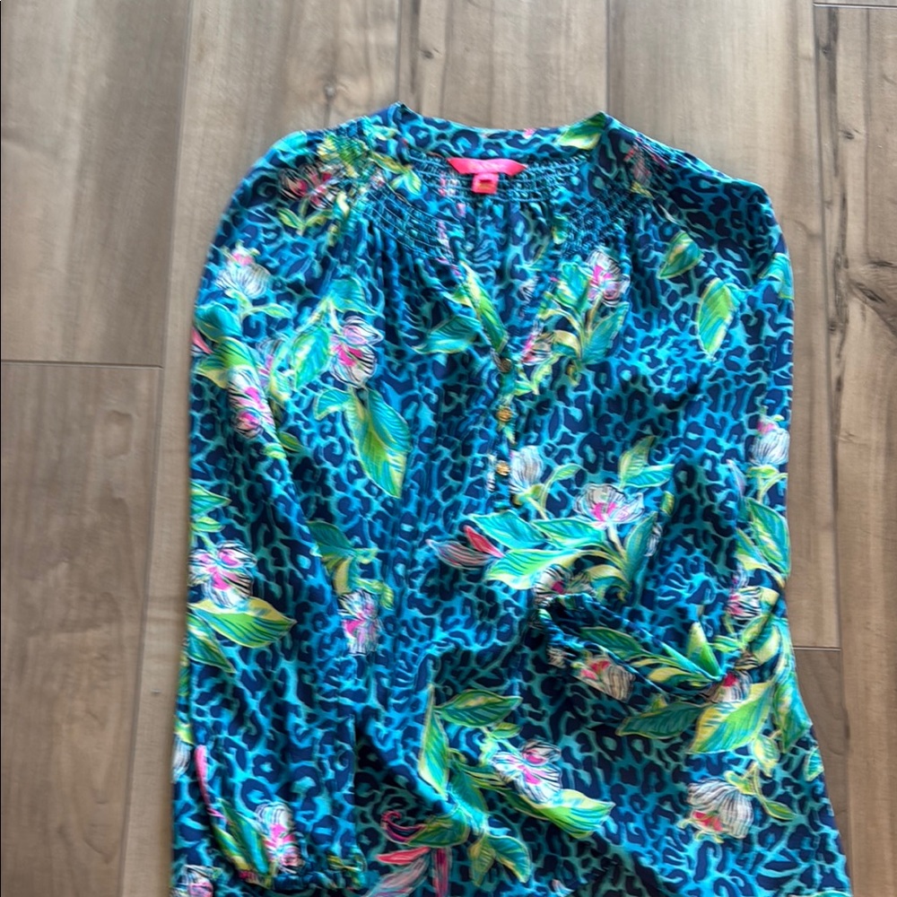 Lilly Pulitzer Formentera Turquoise Hot on the Spot Blue Silk Blouse Top - Picture 5 of 11